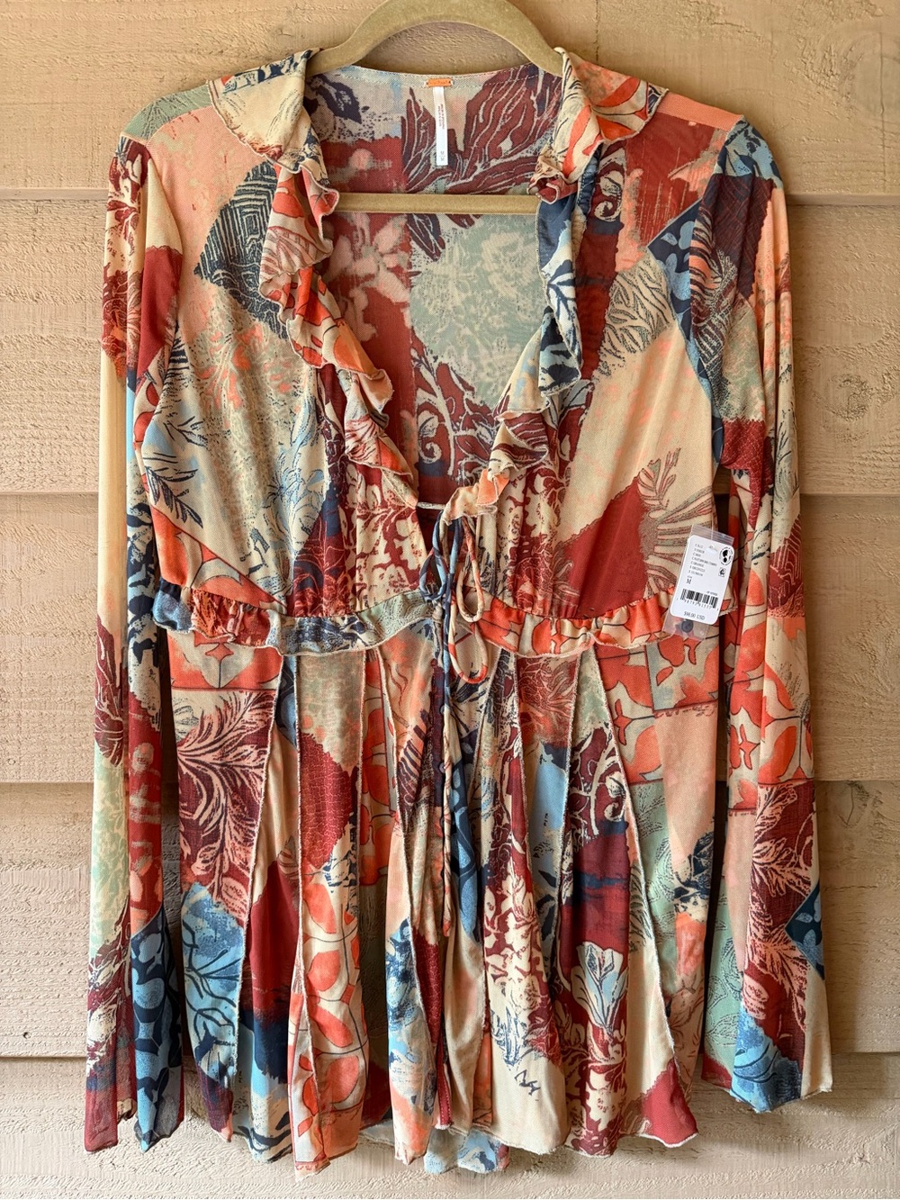 NWT Free People Wildest Dreams Tunic Top Ruffle Patchwork V-Neck Mesh Medium